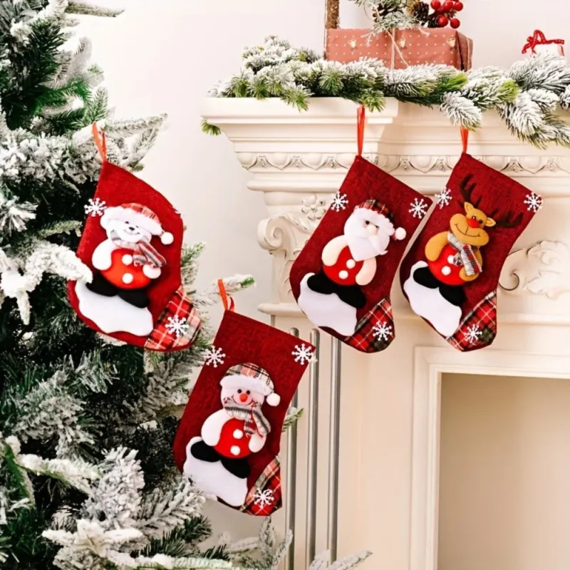 Christmas Stockings Set Red Fabric Santa Snowman Reindeer Design - Product example