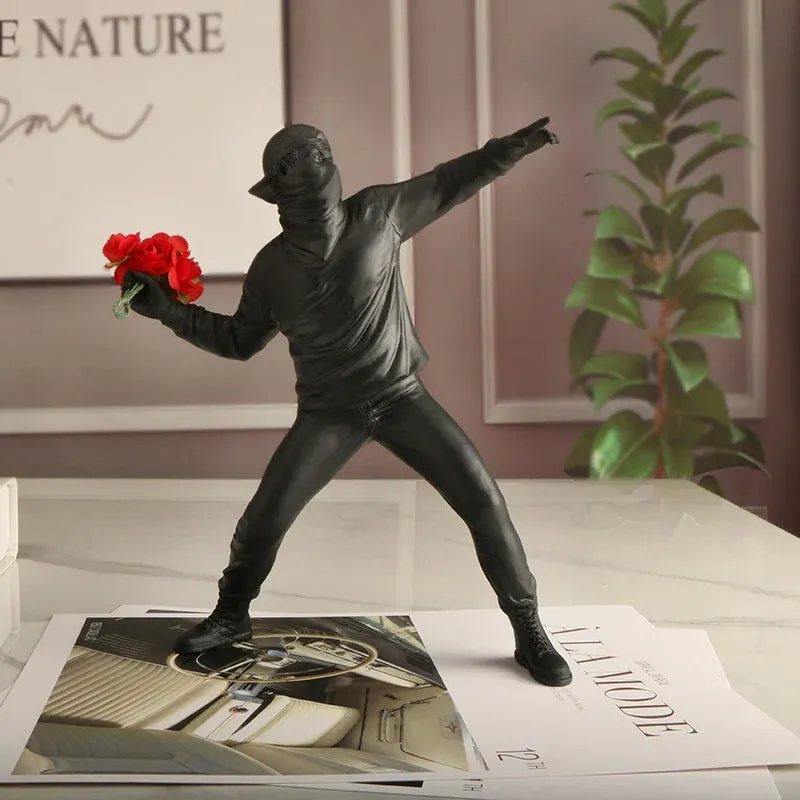 Street Art Flower Thrower Sculpture Black Resin Banksy Style Figure - Product showcase