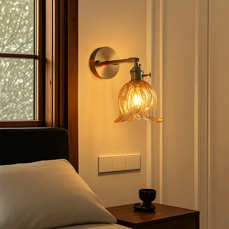 Vintage Wall Sconce Amber Glass Flower Shade - Product showcase