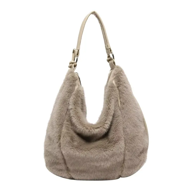 Faux Fur Hobo Bag Black Plush Winter Design - Detailed view