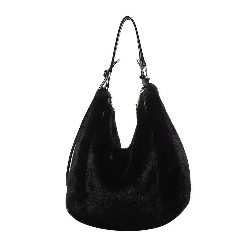 Faux Fur Hobo Bag Black Plush Winter Design - Product showcase
