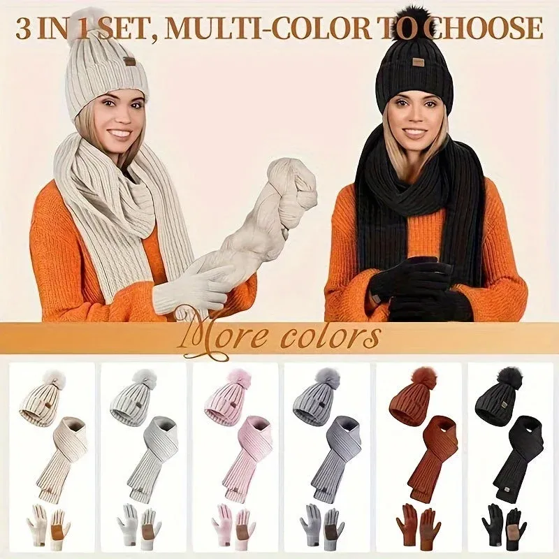 Knitted Winter Accessories Set Hat Scarf Gloves with Touchscreen Tips - Detailed view