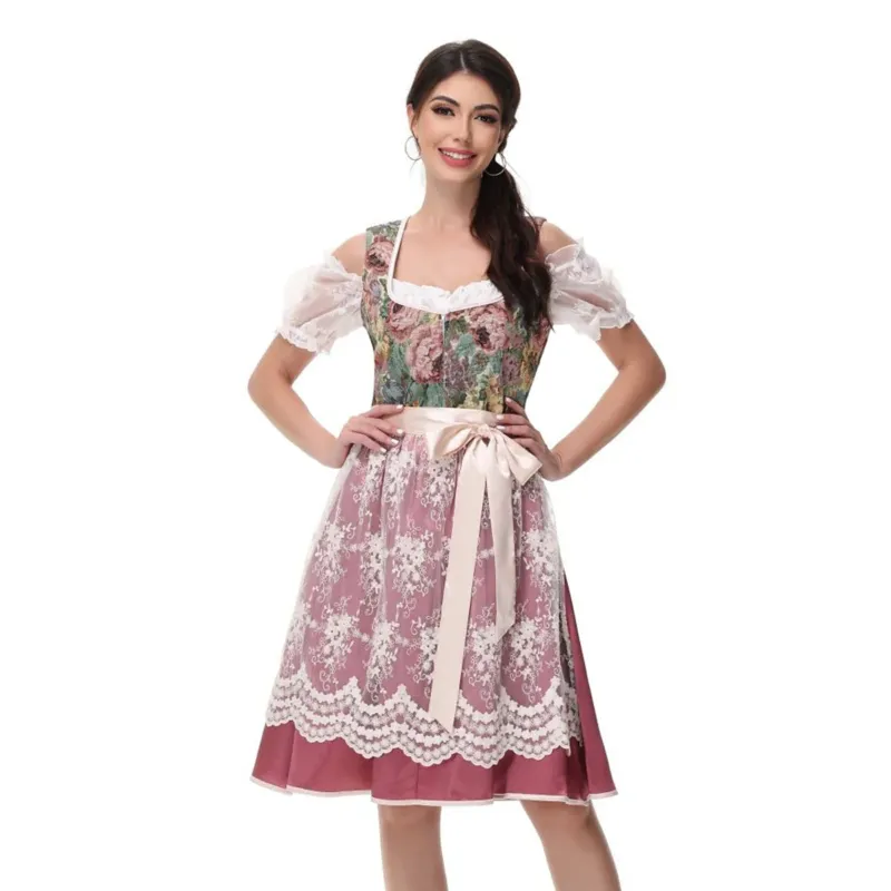 Traditional Dirndl Dress Floral Bodice With Lace Apron - Product example