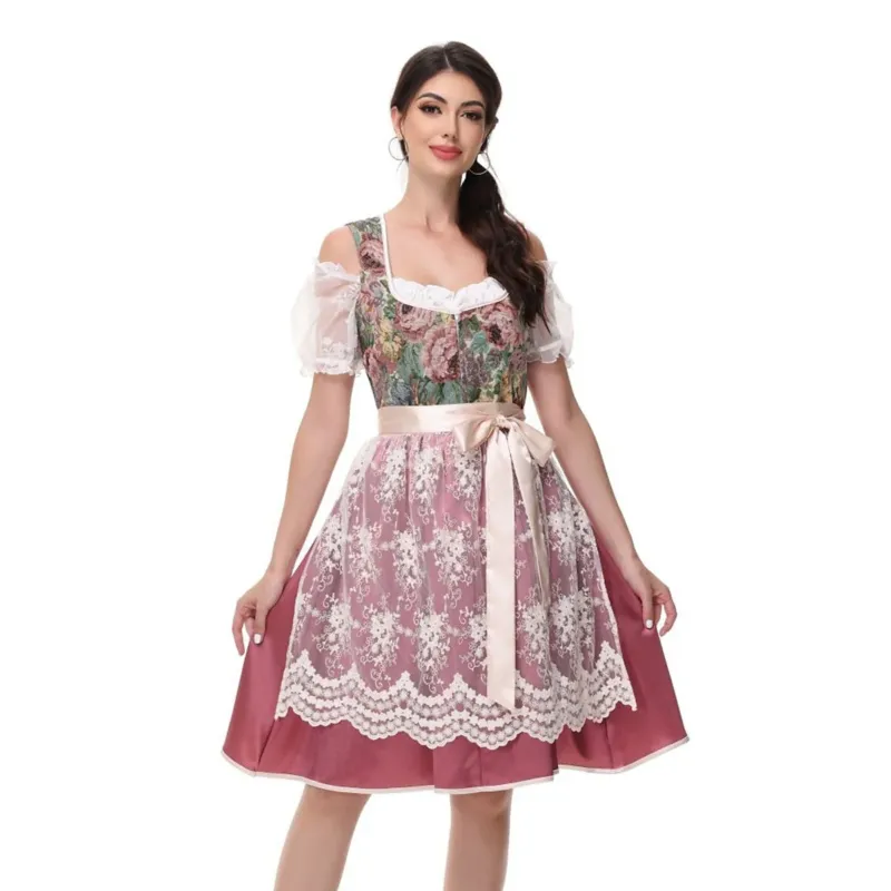 Traditional Dirndl Dress Floral Bodice With Lace Apron - Detailed view