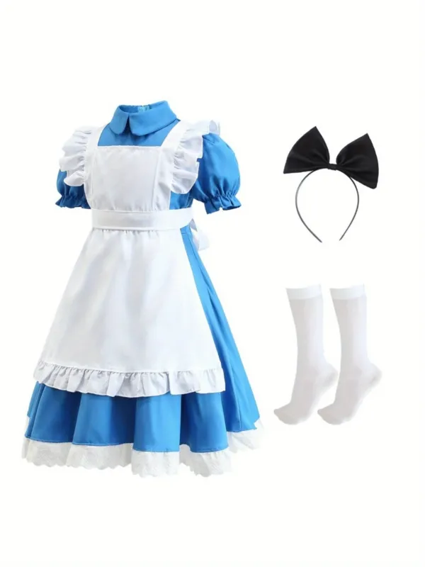 Classic Storybook Dress Set Blue Cotton Puff Sleeve Costume - Product showcase