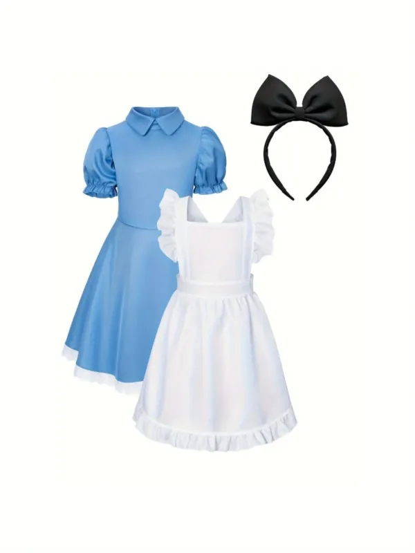 Classic Storybook Dress Set Blue Cotton Puff Sleeve Costume - Product detail 4