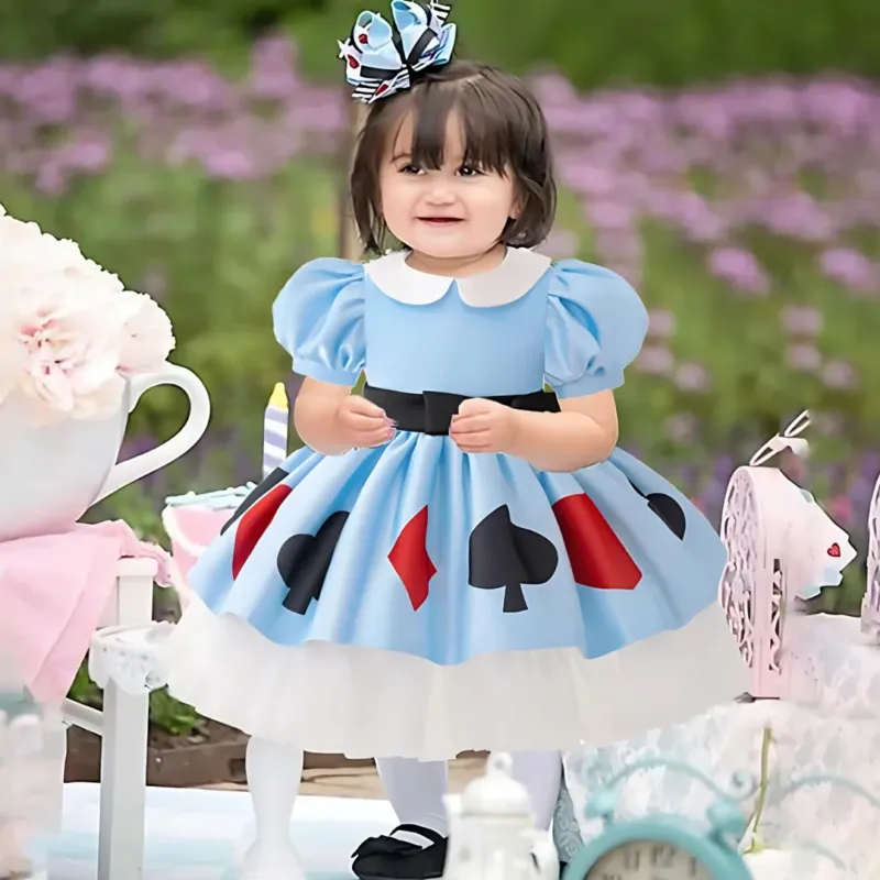 Storybook Costume Dress Card Suit Print With Puff Sleeves - Product showcase