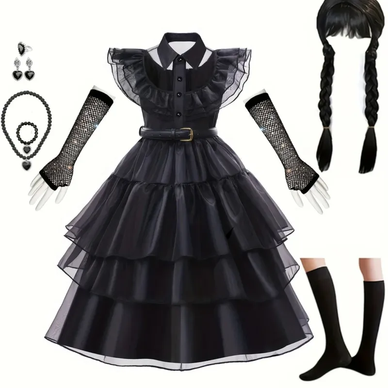 Gothic Tiered Dress Black Ruffled Costume With Accessories - Product showcase