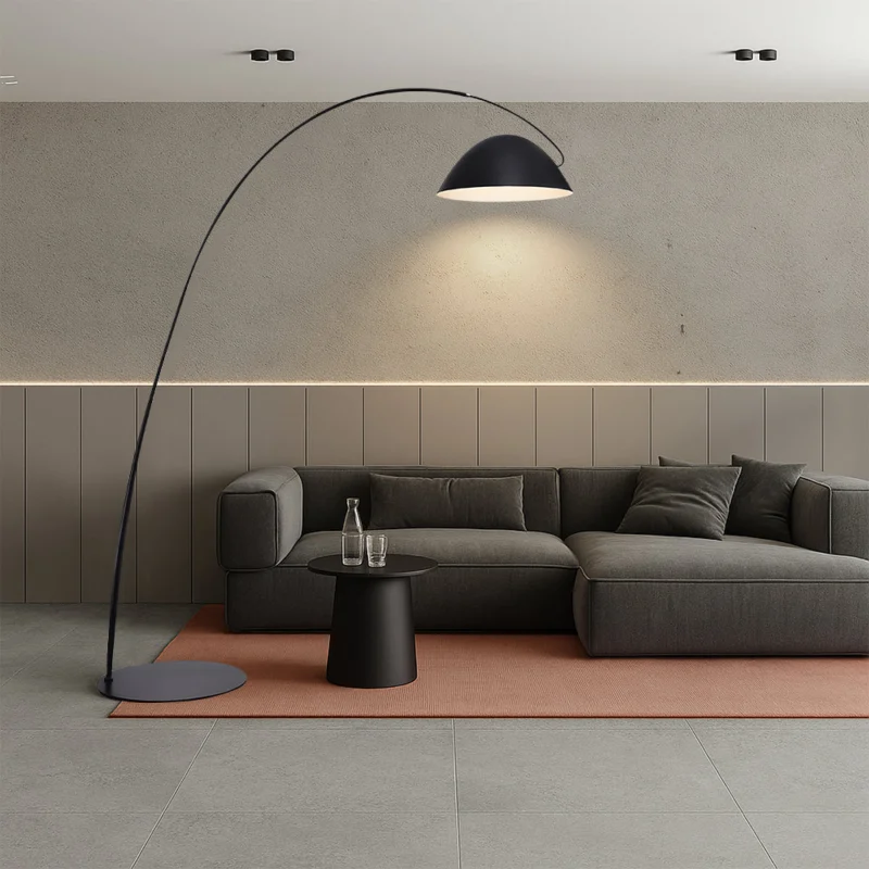 Modern Arc Floor Lamp Black Metal Dome Shade - Detailed view