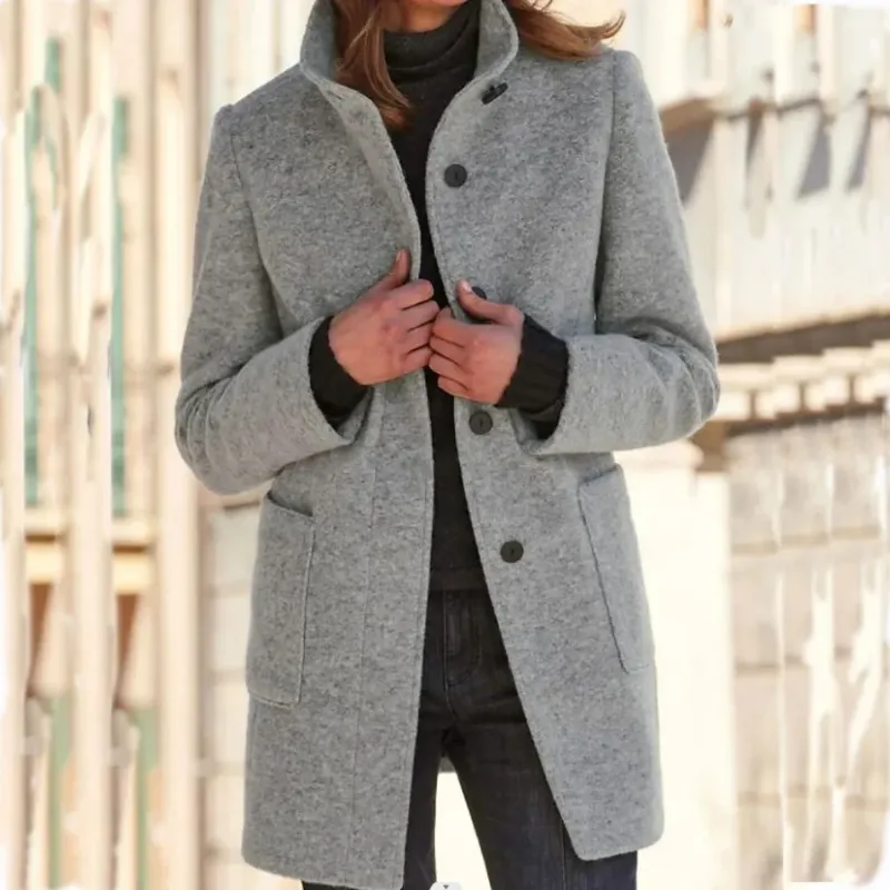 Wool Winter Coat Stand Collar Gray Design - Product showcase