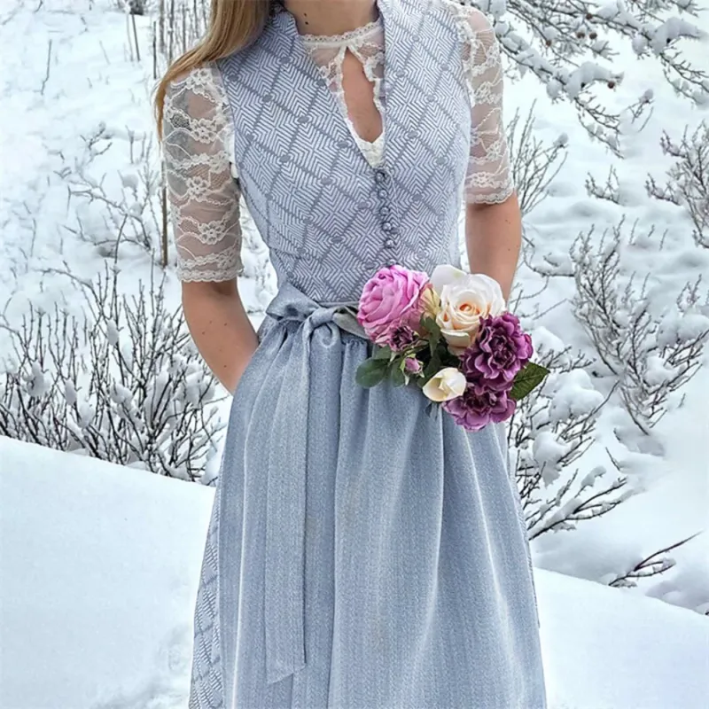 Traditional Dirndl Dress Gray Lace Detail with Apron - Product showcase