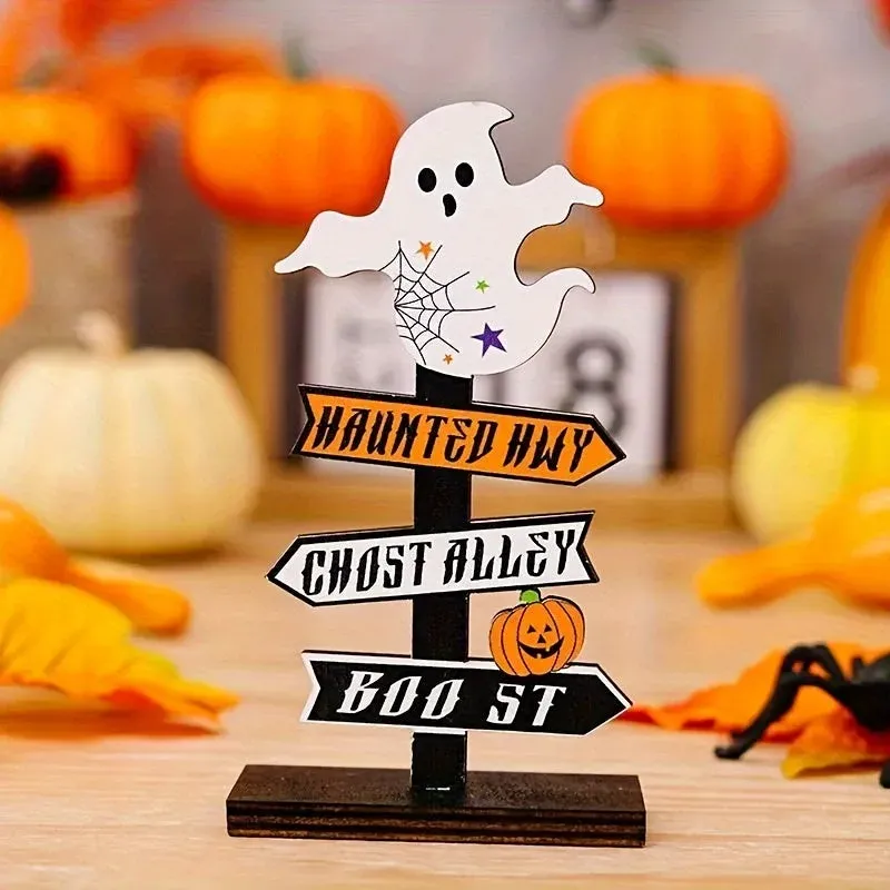 Halloween Directional Sign Ghost Pumpkin Wood Display - Product showcase