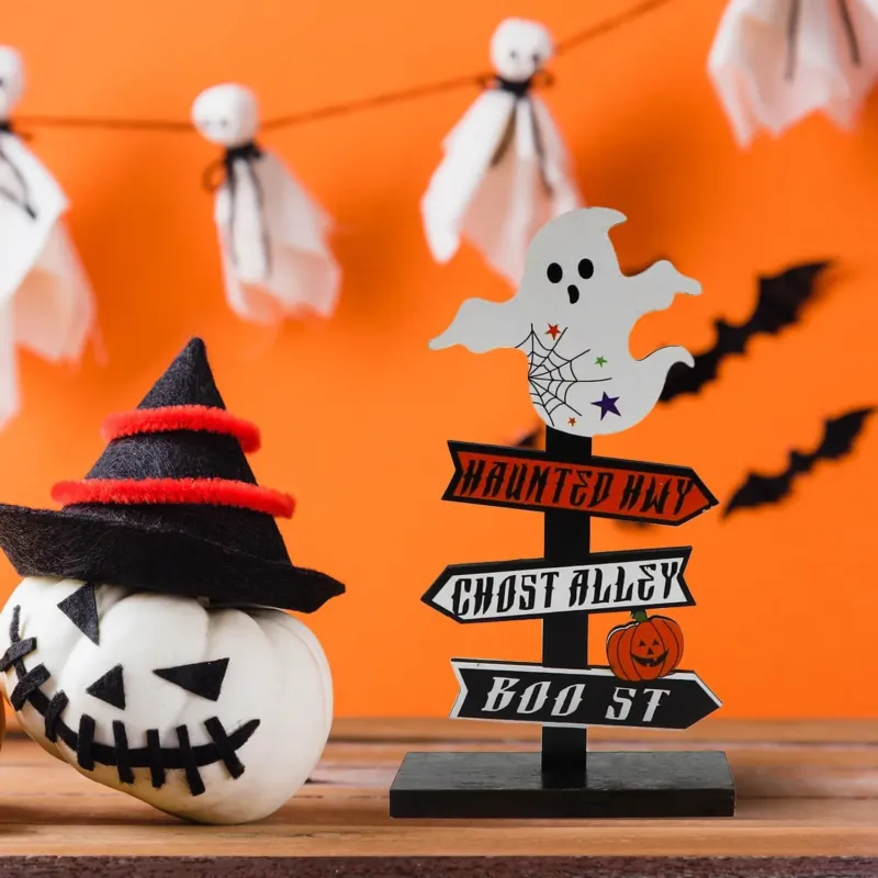 Halloween Directional Sign Ghost Pumpkin Wood Display - Detailed view
