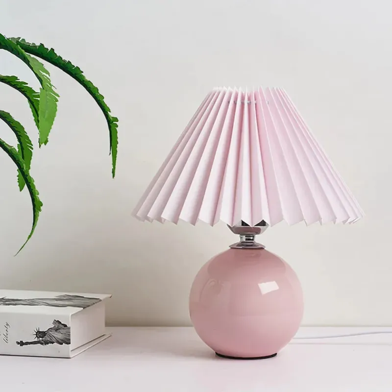 Ceramic Table Lamp Pleated Cream Shade with Burgundy Base - Detailed view