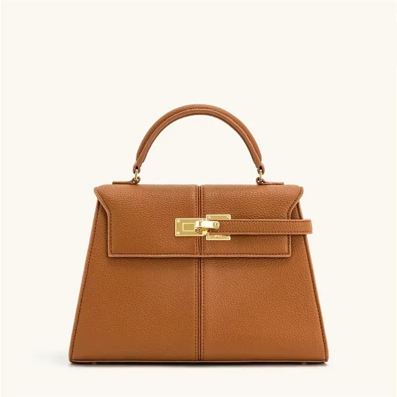 Classic Leather Top Handle Bag Camel Brown Gold Hardware - Product showcase