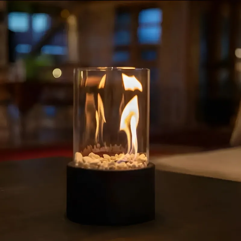 Tischkamin mit Glaszylinder – Bioethanol Tischfeuer für drinnen und draußen