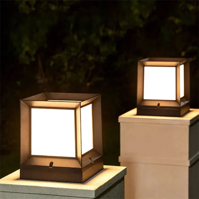 Outdoor Post Light Modern Black Cube Pillar Lamp - Detailed view