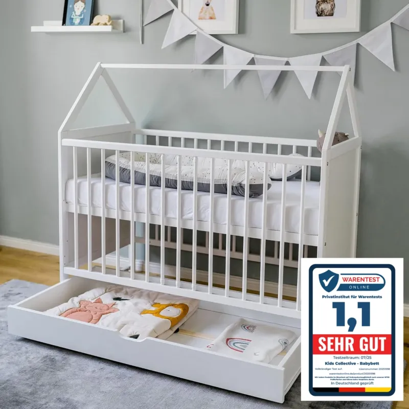 Babybett Beistellbett Kinderbett und Hausbett in einem - 120x60 cm weiß mit Schublade und Matratze (optional), höhenverstellbar und umbaubar