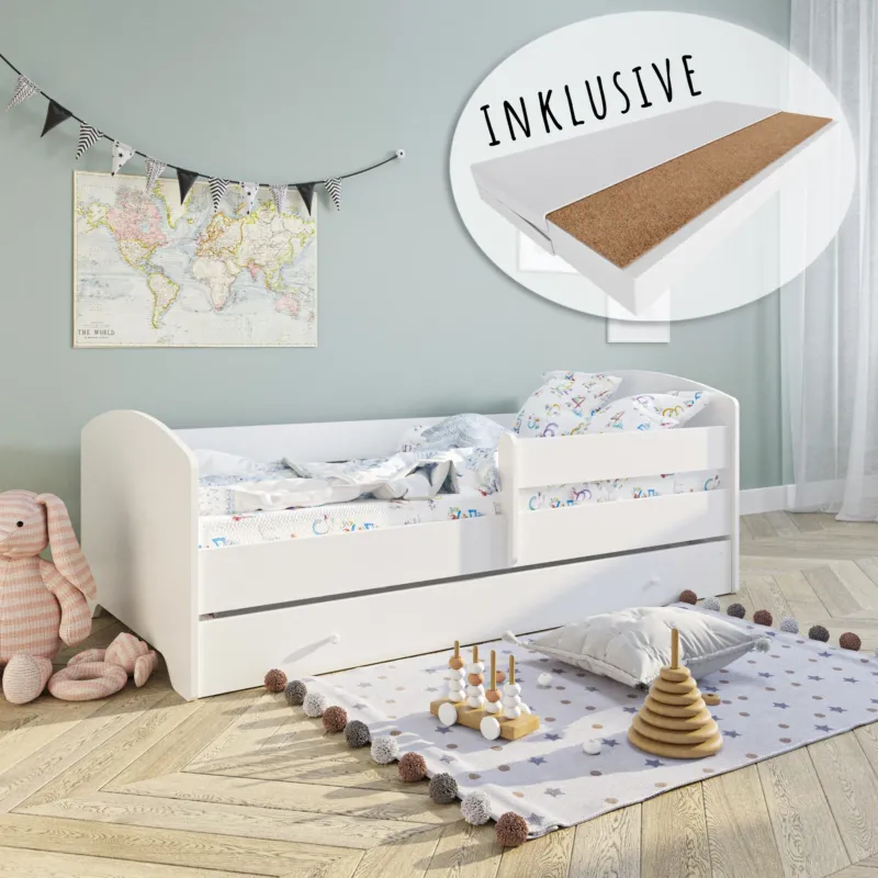 Kids Collective Kinderbett 70x140 / 80x160 Komplett Set inkl. Matratze, Lattenrost, Schublade & Rausfallschutz | Einzelbett für Kinder von 2 – 10 Jahren | weiß mit wählbarem Motiv