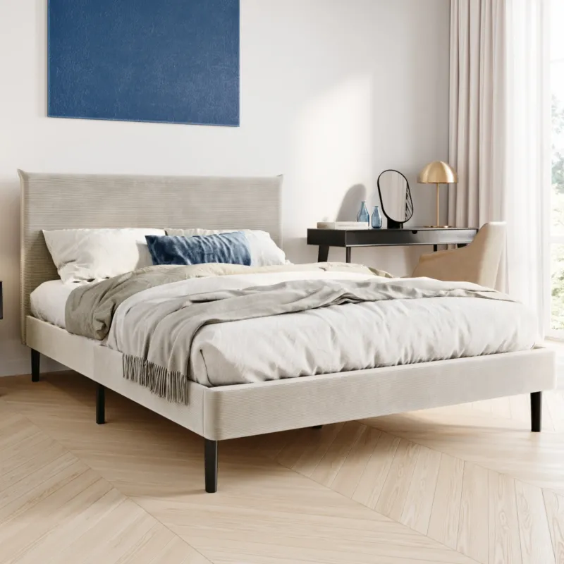 Bett 140x200 und 160x200 cm, Polsterbett mit Lattenrost, Bettgestell 140x200 & 160x200 cm, Doppelbett mit weichem Cord & Samt bezug und gepolstertem Kopfteil, robustes Gestell, hoher Liegekomfort