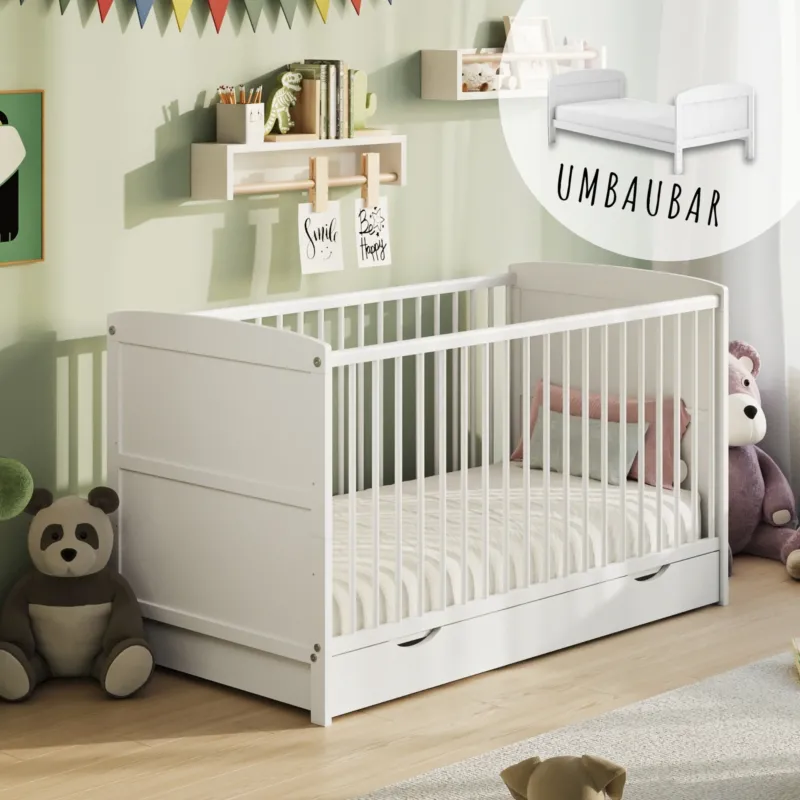 Babybett 60x120 und 70x140 cm mit Schublade und Matratzenoption, Gitterbett, Kinderbett, höhenverstellbar, herausnehmbare Sprossen | Weiß