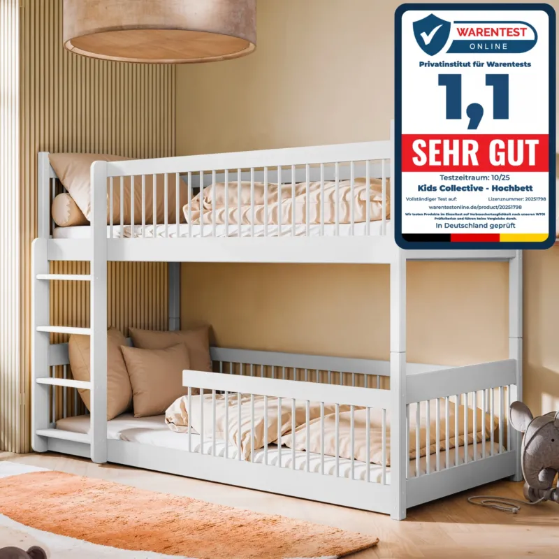 Hochbett Kinder, Etagenbett, Kinderbett | Massives Kiefernholz, abgerundete Kanten, umbaubar zu 2 Betten, optional mit 2 Matratzen | Größen: 80x180, 90x190, 90x200 cm