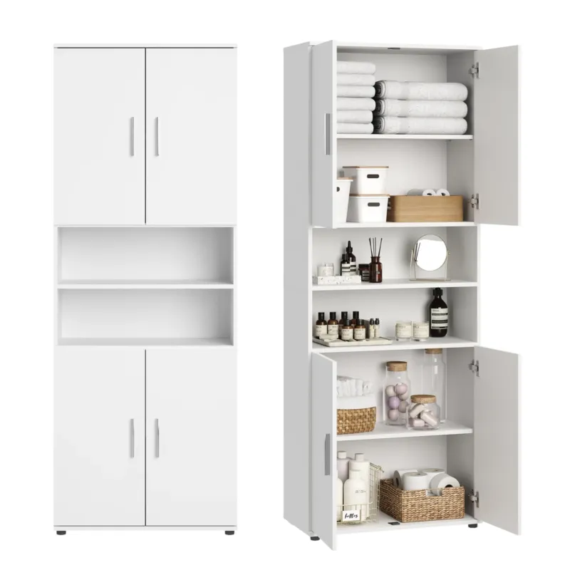 Badezimmerschrank Hochschrank Badschrank mit Türen und 6 Fächern , Badezimmer Aufbewahrung, Mehrzweckschrank für Bad, Keller & Hauswirtschaftsraum | Weiß