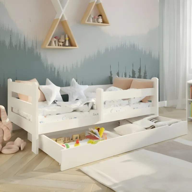 Kids Collective Kinderbett 80x160 Kinder Bett Jugendbett Juniorbett | Mit Rausfallschutz & Schublade | Stabiles Kiefernholz | Weiß
