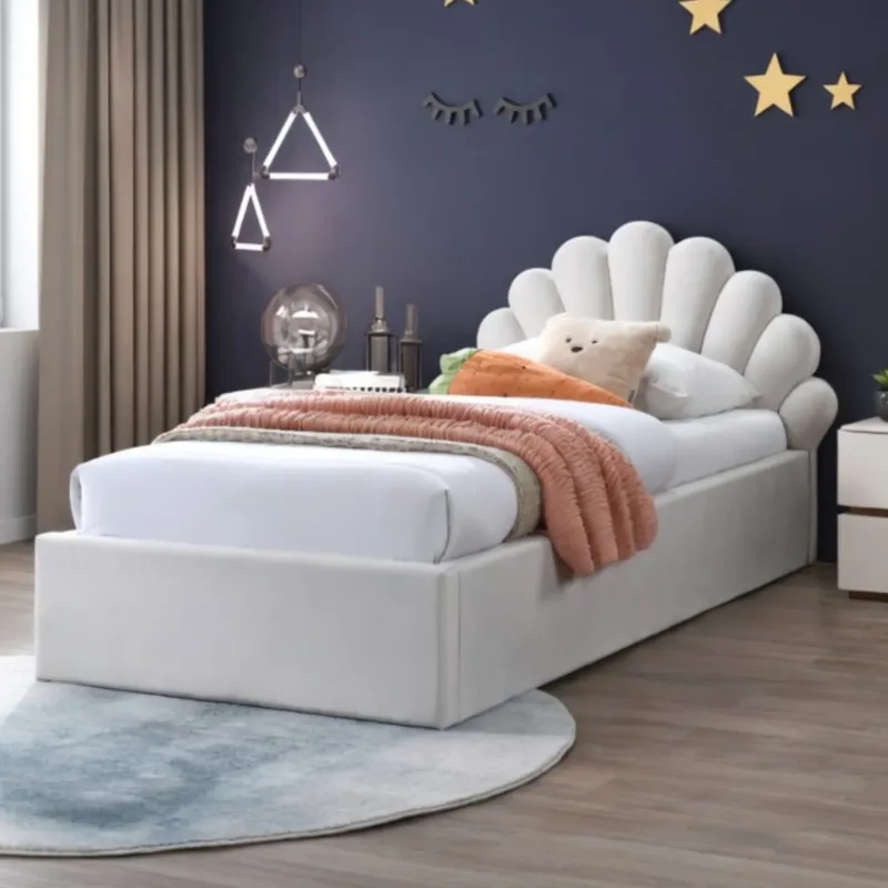 Kids Collective Kinderbett Polsterbett 90x200 cm Kinder Bett Jugendbett mit Lattenrost & Metallrahmen | Kopfteil in Elegantes Muschel-Design | Beige