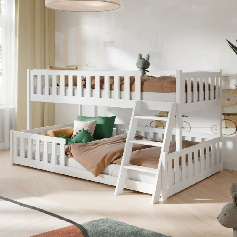 Etagenbett 90x200 / 120x200 Kinderbett Jugendbett Stockbett Hochbett mit Leiter, Rausfallschutz & Lattenrosten, Kinder Bett von 4. bis 16. Lebensjahr Weiß