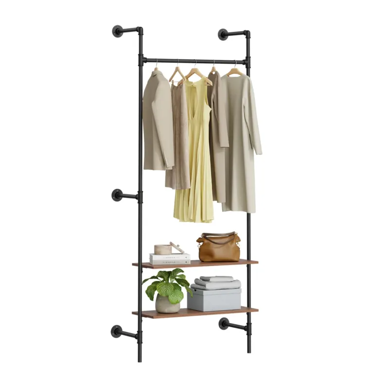 SoBuy Kleiderstange Wandmontage mit 2 MDF Regalböden 45kg Tragkraft Schwarz KLS20-SCH