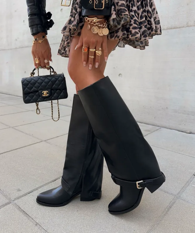 Classic Knee High Boots Black Leather with Side Buckle Detail - Product showcase