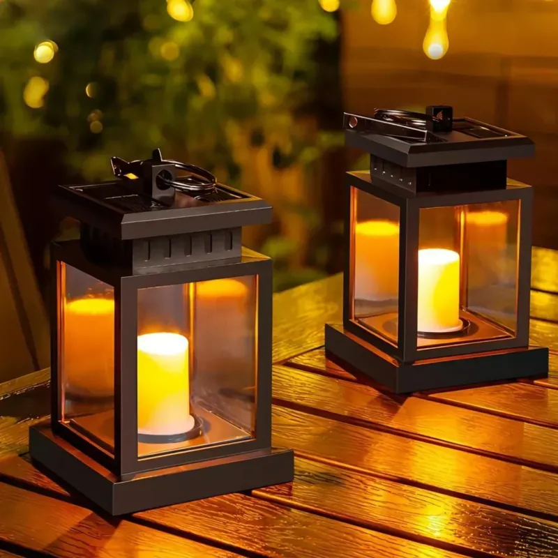 Solar Garden Lantern Black Metal Frame With LED Candle - Product showcase