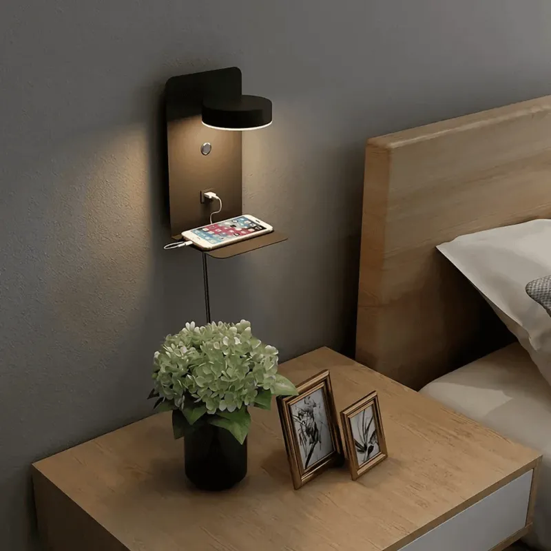 Modern Wall Sconce LED Bedside Lamp With USB Charging Shelf - Product showcase
