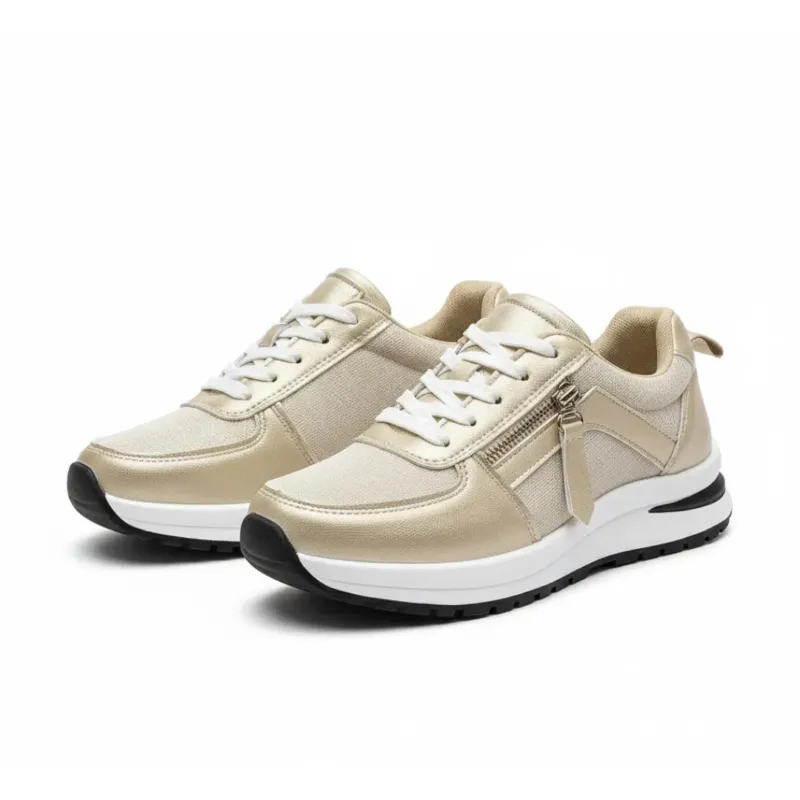 Womens Platform Sneakers Golden Metallic Mixed Material Design - Product showcase