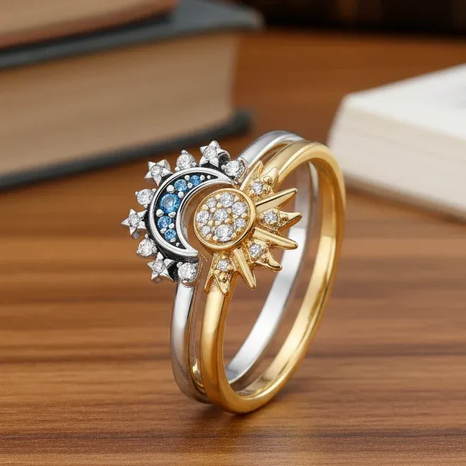 Moon Sun Ring Sterling Silver Crystal Celestial Design - Product showcase