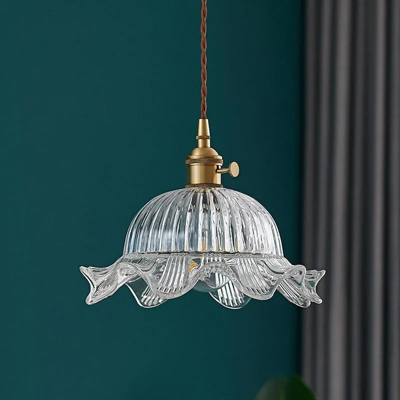 Vintage Glass Pendant Light Ribbed Dome Brass Fixture - Product showcase