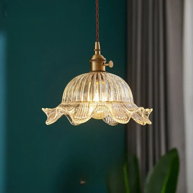 Vintage Glass Pendant Light Ribbed Dome Brass Fixture - Detailed view