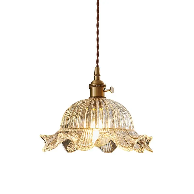 Vintage Glass Pendant Light Ribbed Dome Brass Fixture - Product detail 4