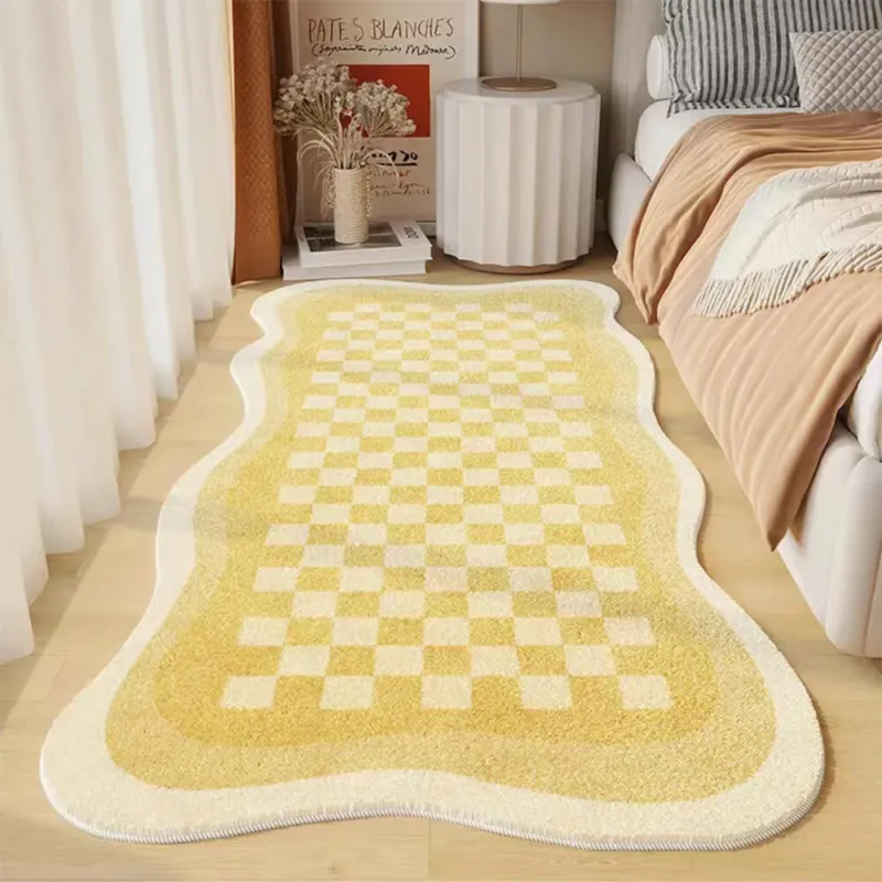 Checkerboard Bedside Rug Soft Yellow Faux Cashmere Scalloped Edge - Product showcase