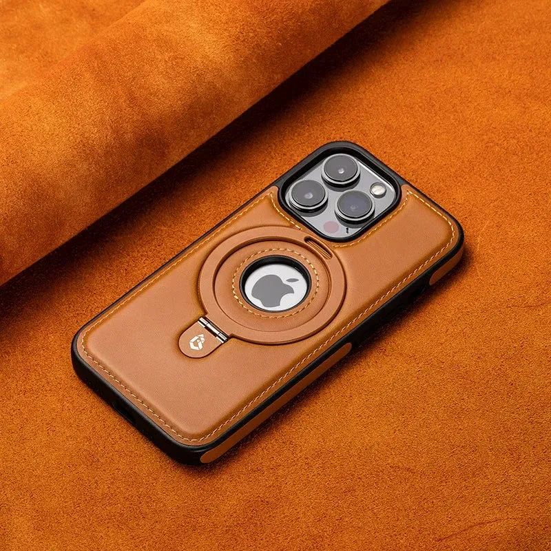 Magnetic iPhone Case with Ring Stand Premium Brown Leather Design - Product showcase
