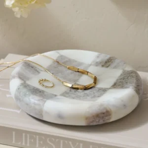 Everett Checkered Marble Trinket Tray shown with jewelry