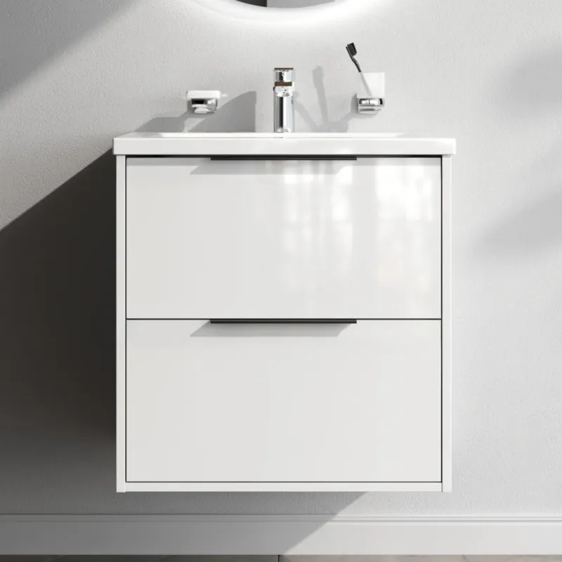 Waschtischunterschrank mit Waschbecken, 60 cm, als Flachpaket, 2 Schubladen, Weiß glänzend – MNA-FHX0602WGSP-WCC0602WG