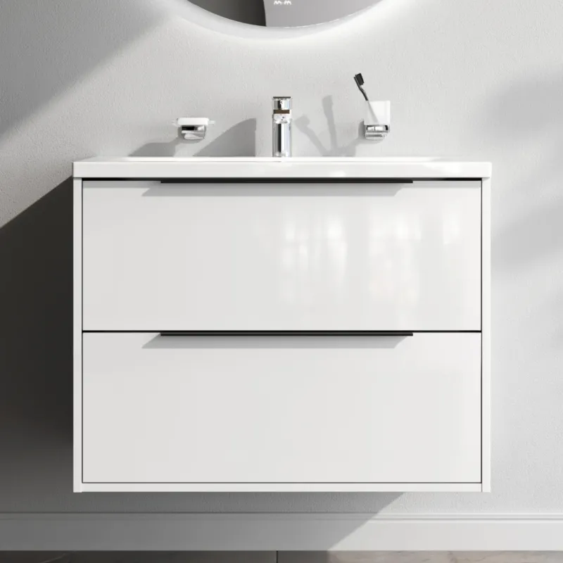 Waschtischunterschrank mit Waschbecken, 80 cm, als Flachpaket, 2 Schubladen, Weiß glänzend – MNA-FHX0802WGSP-WCC0802WG