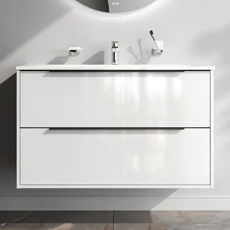 Waschtischunterschrank mit Waschbecken, 100 cm, als Flachpaket, 2 Schubladen, Weiß glänzend – MNA-FHX1002WGSP-WCC1002WG