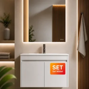 Badmöbel-Set mit Waschbecken und LED-Badspiegel, 60 cm, 2 Türen, Weiß glänzend – MPA0601WGCMO1