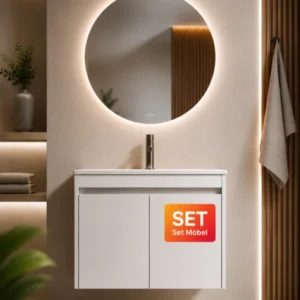 Badmöbel-Set mit Waschbecken und rundem LED-Badspiegel, 80 cm, 2 Türen, Weiß glänzend – MPA0801WGCMO4