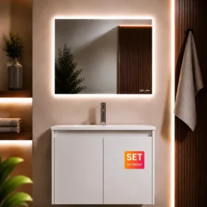 Badmöbel-Set mit Waschbecken und LED-Badspiegel, 80 cm, 2 Türen, Weiß glänzend – MPA0801WGCMO1