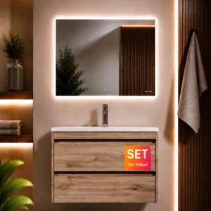 Badmöbel-Set mit Waschbecken und LED-Badspiegel, 80 cm, 2 Schubladen, Eiche – MPA0802HFCMO1