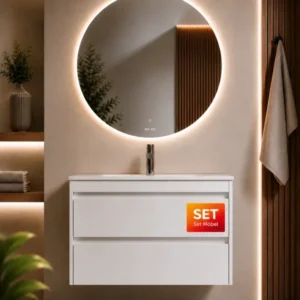 Badmöbel-Set mit Waschbecken und rundem LED-Badspiegel, 80 cm, 2 Schubladen, Weiß glänzend – MPA0802WGCMO4